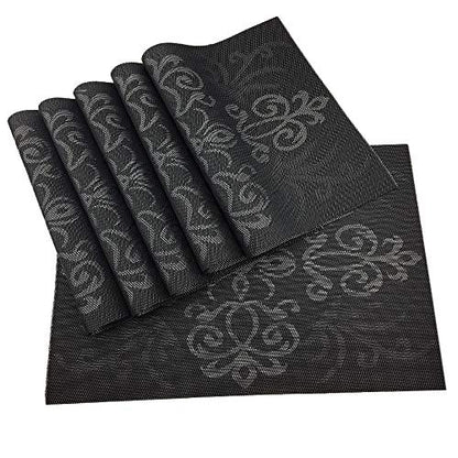 Luxury Black Placemats Set of 6 Crossweave Woven Vinyl Placemat for Dining Table Heat Resistant Non-Slip Kitchen Table Mats Easy to Clean - color: Symmetry-black