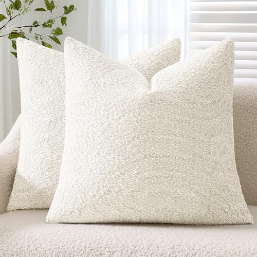 ANRODUO Pack of 2 Textured Boucle Throw Pillow Covers Soft White Decorative Accent Solid Pillow Cases Cozy Modern Couch Cushion Case for Chair Sofa Bedroom Living Room Summer Home Decor, 18 x 18 Inch - color: White, size: 18" x 18" (Pack of 2)