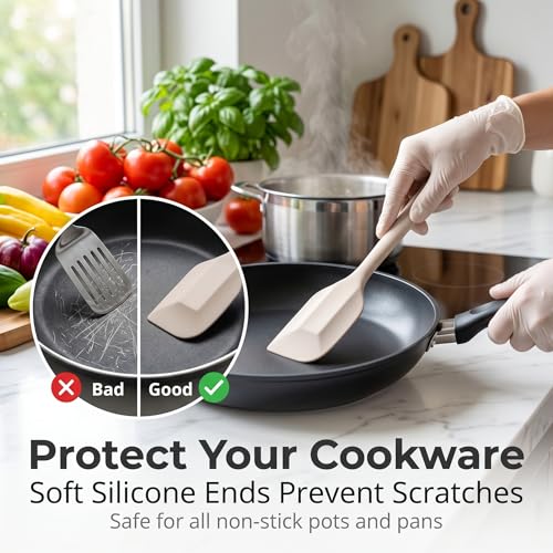 LIANYU Non-Toxic Kitchen Cooking Utensils Set, 8Pcs Khaki Silicone Utensils | Stainless Steel Core, Non-Scratch Spatula Spoon Turner, Heat Resistant & Dishwasher Safe - color: Khaki