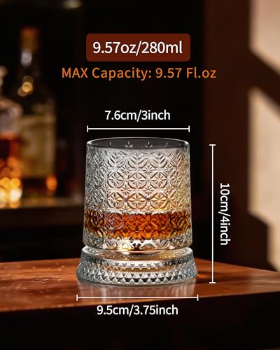 CEEFU 360° Spinning Whiskey Glasses Set with Gift Box, Set of 2 | Rotating Base (2 Crystal Glasses Set, 2 Big Ice Ball Molds) - Bourbon, Cocktail, Rocks, Gifts Ideas for Men, Gem Pattern - size: 9.5 oz-Snowflake Pattern
