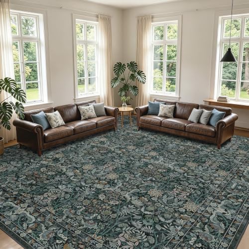 Vintage Botanical Area Rug 10x14: Floral Carpet Non-Slip - Dark Green | Classic Dark Tone Pattern Fits Large Open Layout Rooms - Washable, Stain Resistant, Low Pile for Living Room Pet Friendly - color: Dark Green, size: 10' x 14' (Rectangular)