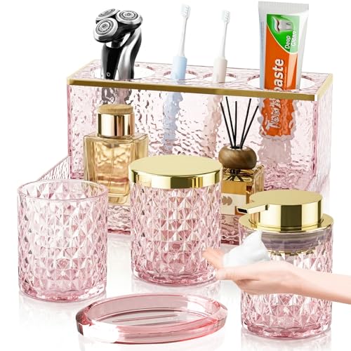 Glass Bathroom Accessories Set 5Pcs Crystal Pink - Foaming Soap Dispenser, Soap Dish, Cup, Acrylic Toothbrush Holder with Tray Organizer, Cotton Swab Jar, Bathroom Counter Set Sink Decor - color: Pink