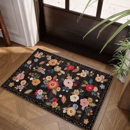 2x3 Washable Entryway Area Rugs: Floral Small Rug Non Slip Door Mat Indoor Entrance Soft Low Pile Throw Rugs for Inside Front Door Floor Bedroom Bedside Kitchen Nursery Home Office Entry - color: Black Floral, size: 2' x 3' (Rectangular)