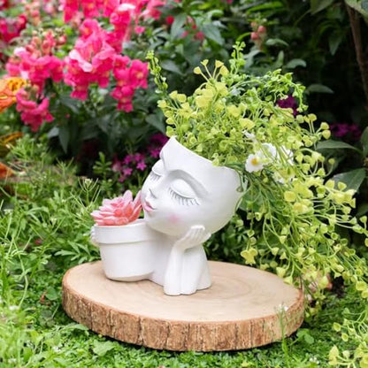 Lady Face Planter Pots Head - Double Cute Planters for Indoor Plants, Flower & Succulent with Drainage Holes, Novelty Head Plant Pot for Home Garden Succulents Cactus White - color: White-b