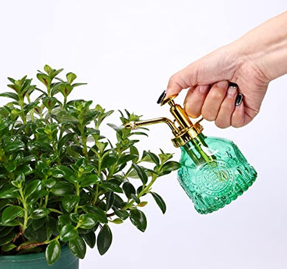 Glass Plant Mister Spray Bottle, 6.5" Green Glass Water Spray Bottle with Gold Top Pump Small Watering Can, Small Plant Sprayer Mister for Indoor Outdoor House, Green+Gold (Green+Gold D) - style: Green+Gold D