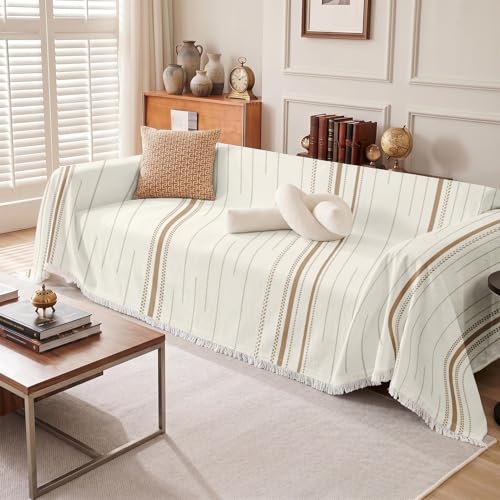 Couch Cover Blanket, Polyester, 71x118 Inch, Farmhouse Striped | Rustic Neutral Beige Decorative Non Slip Soft Washable Furniture Protector Throw for Sofa - color: Striped Beige
