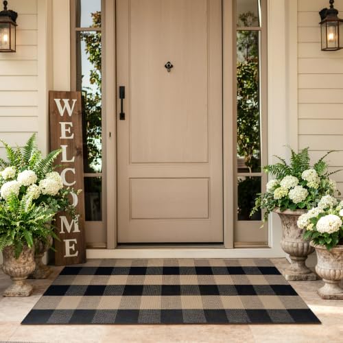 Uphome Bufflo Plaid Outdoor Rug 2'x4.3', Black Natural Checkered Front Door Mat for Fall Decor, Indoor Outdoor Farmhouse Cotton Porch Rug for Layered Door Mats, Washable Carpet Runner for Entryway - color: Black Natural, size: 2'x4'3''