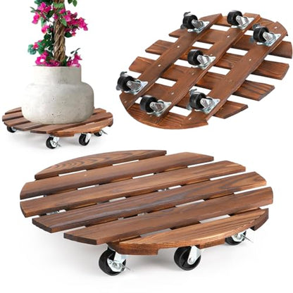 2 Pack 16" Plant Caddy with 7 Wheels, Rolling Plant Stand 500 LB Heavy Duty Wooden Round Plant Dolly with Metal 360° Lockable Caster Wheels for Outdoor Indoor Large Plant Pots, Flower Pot, Patio - size: 16"+16"
