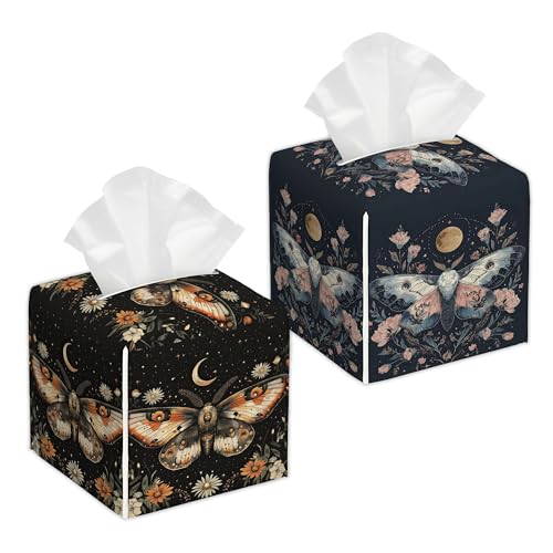 Boho Moth 2 Pcs Tissue Box Cover Square, Leather Tissue Box Holder for Bathroom Livingroom Bedroom, Butterfly Decorations Cube Tissue Holder - color: Boho Moth