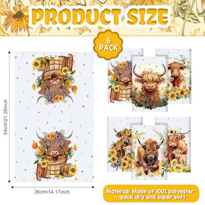 Redbaker Set of 6 Highland Cattle Kitchen Towels Highland Cow Dish Towels | Absorbent Farm Cattle Watercolor Floral Tea Hand Dishcloths Housewarming Gift for Farmhouse Kitchen - style: Highland Cattle