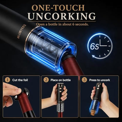 BLUBYEES 4-in-1 Electric Wine Opener Set – Rechargeable Automatic Corkscrew, Foil Cutter, Aerator & Vacuum Stopper, Wine Accessories Gift Set for Dad, Father’s Day Gifts for Men, Husband, Wine Lovers | Foil Cutter, Aerator Pourer, Vacuum Stopper, Automati