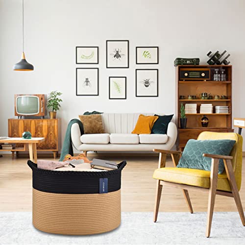 COMSE XXXLarge Woven Blanket & Laundry Basket, 87L, Black & Camel | 21.7" x 13.8", Cotton Rope, Nursery Hamper for Storage of Toys Clothes Towels, Ideal for Living Room Bedroom Bathroom - color: Black & Camel