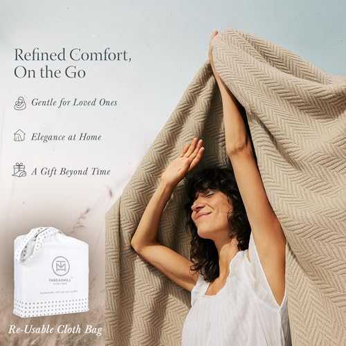 Threadmill Cotton King Blanket, Herringbone, Beige, All-Season Breathable | 100% Cotton, Herringbone Pattern, 106x92 in, Breathable, All-Season, OEKO-TEX Certified, Machine Washable - color: Beige, size: King (106" x 92")