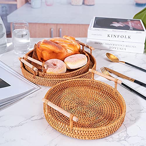 Rattan Hand Woven Round Decorative Rustic Serving Wicker Trays with Handles for Home/Social Events - Bread Basket, Vegetable, Fruits, Snacks, Crackers, Breakfast - Set of 3.