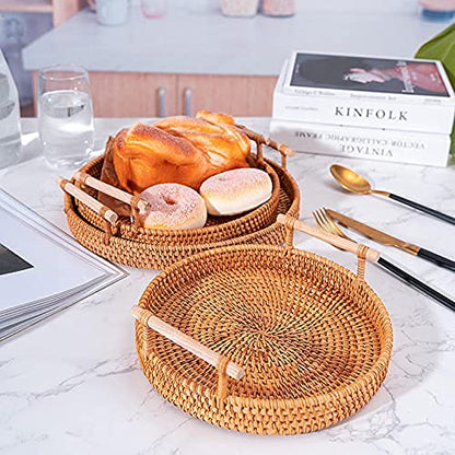 Rattan Hand Woven Round Decorative Rustic Serving Wicker Trays with Handles for Home/Social Events - Bread Basket, Vegetable, Fruits, Snacks, Crackers, Breakfast - Set of 3.