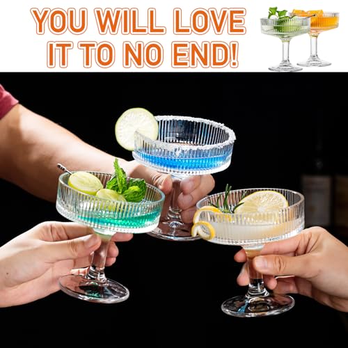 12 Pcs Martini Glasses, 6.7oz Crystal Champagne Tower, Art Deco Ribbed Coupe Glasses, Stem Cocktail Glassware Set, Margarita Cups, Heavy Base Bar Glassware for Martini, Gimlet, Manhattan - style: Ribbed Style