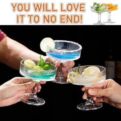 12 Pcs Martini Glasses, 6.7oz Crystal Champagne Tower, Art Deco Ribbed Coupe Glasses, Stem Cocktail Glassware Set, Margarita Cups, Heavy Base Bar Glassware for Martini, Gimlet, Manhattan - style: Ribbed Style