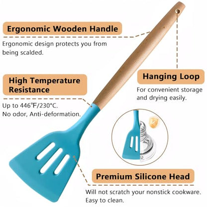 Silicone Kitchen Cooking Utensils Set, 5-Piece Non-Stick Silicone Kitchen Utensils Spatula Serving Spoons Turner Ladle Set w Wooden Handle Heat Resistant Cooking Gadgets for Nonstick Cookware - color: Light Blue, size: Standard 5-Piece Set