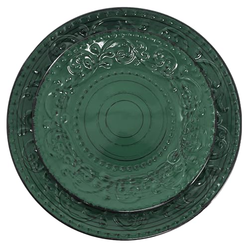 Elama Malibu Sea Glass 16-Piece Stoneware Embossed Pattern Reactive Glaze Dark Green Dinnerware Set, Tableware, Serveware Set (Sea Glass Green) - color: Sea Glass Green