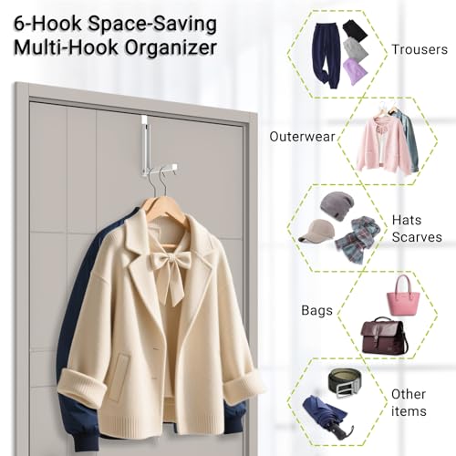 2 Pack Over The Door Hooks, 6 Hooks Foldable Door Hanger Clothes Drying Rack, Portable Space Saving Organizer for Entryway Bedroom Laundry Room Travel, White