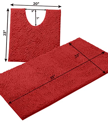 Christmas Bathroom Rugs Sets 2 Piece, Luxury Chenille Bath Mat Set, Soft Plush Anti-Slip Bath Rug + U-Shaped Toilet Mat. Microfiber Shaggy Carpet, Super Absorbent (24” x 36” & 20” x 24” U, Red) - color: Red, size: 2 Piece Set - Large
