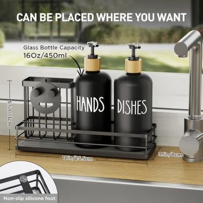 Moforoco Kitchen Dish Soap Dispenser Set, 16OZ Glass Bottle, Hand and Dish Soap Dispenser Set, Instant Dry Tray, Brush Holder with Smiley Face Sponge Holder (Black Tray+Black Bottle) - color: Black Tray+black Bottle