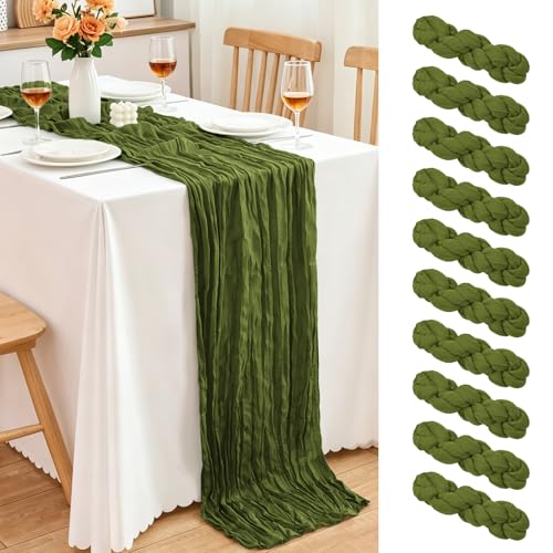 10 Pack Olive Green Cheesecloth Table Runner, 17x108 Inch Semi Sheer Boho Gauze Cheese Cloth Fabric Table Runners for Wedding Party Baby Shower Birthday Garden Farmhouse Table Decor - color: Olive Green, size: 10 Pack
