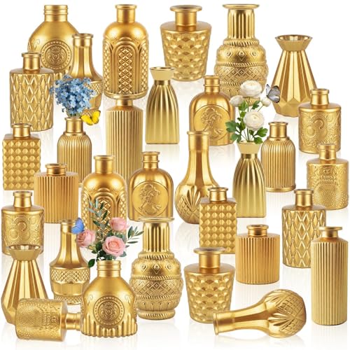 32 PCS Assorted Vintage Bud Vases, Colorful Glass Small Vases Bulk, for Centerpicecs, Wedding Table Decor, Home Decorations & Gifts (Gold Seiris) - color: Mattgold-2, size: 32PCS
