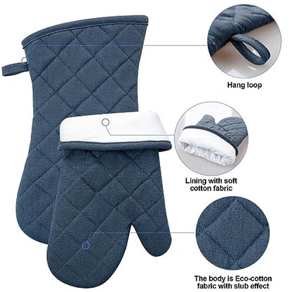 Oven Mitts and Pot Holders with Cooking Apron Set of 5, Heat Resistant Kitchen Gloves and Silicone Non-Slip Potholders, Adjustable Neck Buckle Chef Apron, Cotton Nice Design for Cooking （Navy… - color: Navy