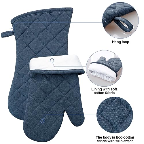 Oven Mitts and Pot Holders with Cooking Apron Set of 5, Heat Resistant Kitchen Gloves and Silicone Non-Slip Potholders, Adjustable Neck Buckle Chef Apron, Cotton Nice Design for Cooking （Navy… - color: Navy