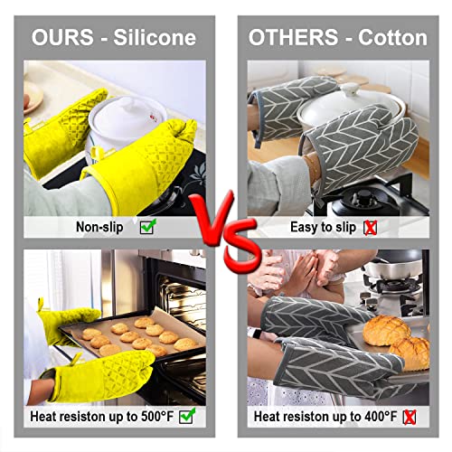 KEGOUU Oven Mitts and Pot Holders 6pcs Set, Kitchen Oven Glove High Heat Resistant 500 Degree Extra Long Oven Mitts and Potholder with Non-Slip Silicone Surface for Cooking (Yellow) - color: Yellow