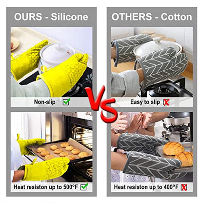 KEGOUU Oven Mitts and Pot Holders 6pcs Set, Kitchen Oven Glove High Heat Resistant 500 Degree Extra Long Oven Mitts and Potholder with Non-Slip Silicone Surface for Cooking (Yellow) - color: Yellow