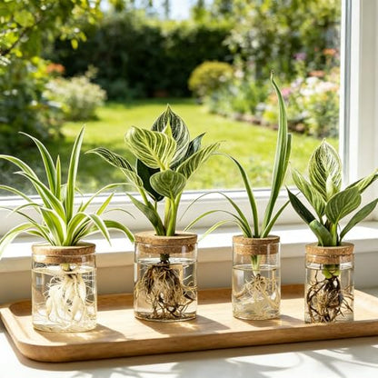 Glass Plant Propagation Stations for Plants – Set of 4 | Hydroponic Pots for Flower Arrangements,Plant Cuttings,Home & Office Decor–Desktop Vases for Living Room,Bedroom