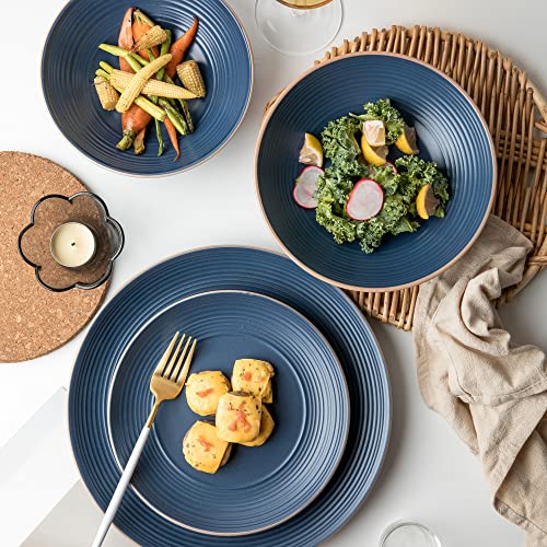 Arora RINGAR Round Stoneware 16pc Double Bowl Dinnerware Set for 4, Dinner Plates, Side Plates, Cereal Bowls, Pasta Bowls - Speckle Matte Blue (420796) - color: Speckle Matte Blue-Cereal/Pasta Bowl, style: Round-Service for 4(16pcs)