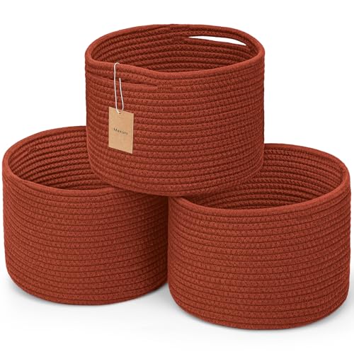 3 Pack Small Rope Storage Baskets, 9.82×9.82×7.1", Brick Red | Cotton Basket for Gifts Empty, Cute Round Woven Basket, Decorative Shelf Basket Organizer, Organizing Basket for Shelves - color: Brick Red-3PCS