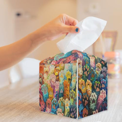 Colorful Cat Paws Tissue Box Cover, Cat Lover Leather Tissue Box Holder Square Facial Paper Organizer Dispenser for Bathroom Kitchen Bedroom Vanity Countertop Nightstands - color: Cat Paws-a