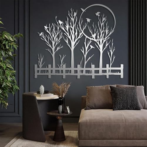 Birds on Tree Branch Metal Wall Art, Tree of Life Metal Wall Decor, Field of Trees Wall Decor, Large Trees Wall Sculpture, Forest Silhouette Wall Hanging for Indoor, Outdoor (Silver, 24"x20"/60x50cm) - color: Silver, size: 24L" x 20W"