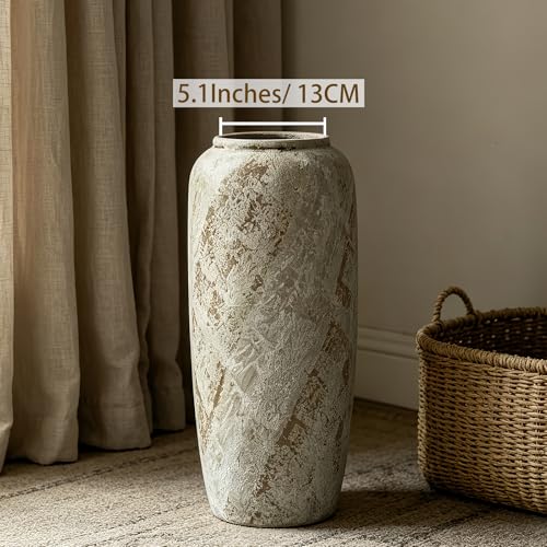 Rustic Ceramic Floor Vase, 15.7 Inch, Handpainted Finish | Living Room, Entryway, Fireplace, Pampas Grass, Dried Branches