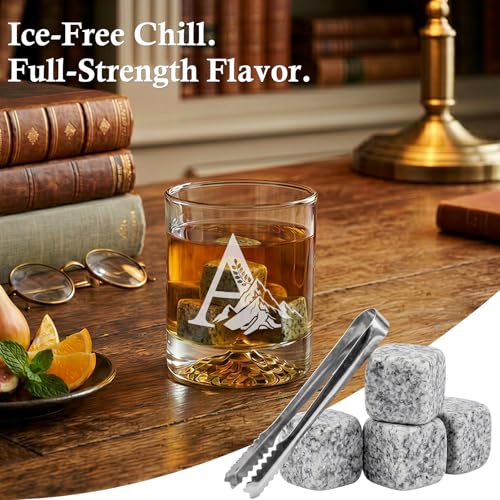 Personalized Whiskey Glass Gift Set for Men – Monogrammed Initial Rocks Glass with Slate Coaster, Wooden Box & Whiskey Stones, Birthday Father's Day for Him Dad Husband - style: A