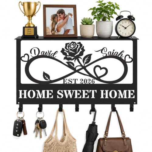 Custom Name Key Holder with Shelf, Coat Rack Gift for Couples | Rosy Key Holder Wall Mount for Mail Bag, Personalized Key Holder for Anniversary & Wedding Gift - color: Color 05