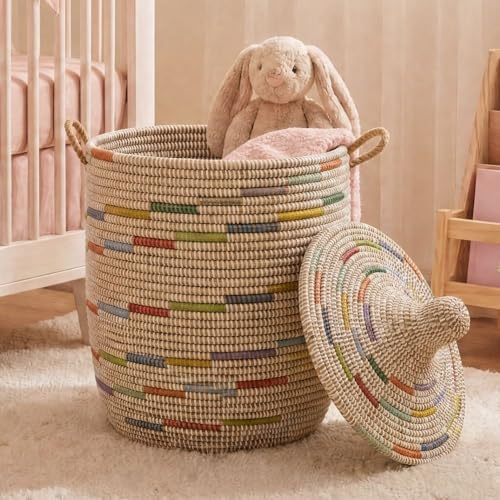 Decorative African Hooded Basket with Lid and Handles, 15" Wide, 19" Tall (White Colorful) - color: White Colorful