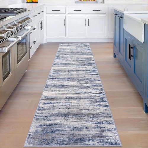 KOZYFLY ModernWashable Rug Runner 2x8 Hallway Runner Rug Grey-Blue | Non-Slip, Non-Shedding, Low Pile Soft, Abstract Striped, For Hall Kitchen Entryway Bathroom Laundry Bedroom Foyer - color: Blue-grey, size: 2' x 8' (Runner)