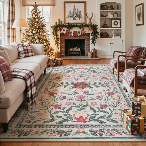 Wonnitar Christmas Rug for Living Room, Christmas Home Decor 8x10 Washable Rug, Ultra-Thin Soft Holiday Floral Print Non Slip Winter Indoor Carpet for Bedroom Kids Room Xmas Dining Room - color: White/Multi Color, size: 8' x 10' (Rectangular)