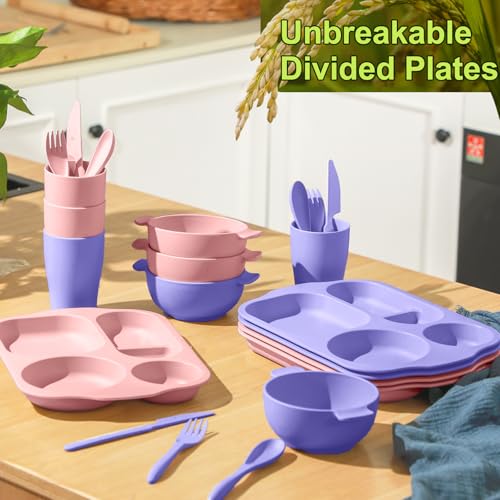Honoson 24 Pcs Wheat Straw Dinnerware Cutlery Set, Service for 4, Unbreakable Plates and Bowls Set - Divided Plates, Bowls, Spoons, Forks & Knives, Microwave & Dishwasher Safe(Light Purple and Pink) - color: Light Purple, Light Pink
