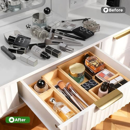 MapleGrace Bamboo Drawer Organizer Set, 14 PCS Wood Storage Organizers | Multi-Use Junk Drawer Divider, Storage Trays Containers for Kitchen, Bathroom, Office Desk, Makeup, Jewelry, Utensils - size: 14
