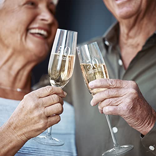 50th Anniversary Champagne Flutes for Couple by S&O. Set of 2 Wedding Anniversary Champagne Flutes. Giftable Wine Glasses for Parents. 8 oz Engraved Champagne Glasses. Gift for Married Couples