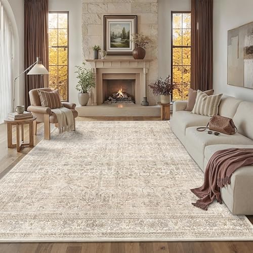 Schweek 9x12 Washable Area Rug Non Slip Neutral Beige Rug for Living Room | Soft Low Pile, Vintage Large Carpet, Stain Resistant Thin Area Rugs for Bedroom, Dining Room, Kitchen, Indoor, Home Office - color: Beige, size: 9' x 12' (Rectangular)