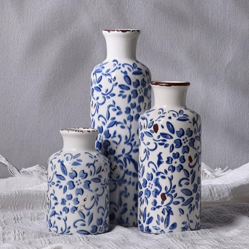 Ceramic Vase Set of 3 - Modern Chinoiserie Blue Floral Decorative Vases for Home Decor, Rustic Farmhouse Boho Vases for Living Room, Mantel, Dining Table, Bookshelf, Kitchen or Entryway Decoration - color: Blue & White