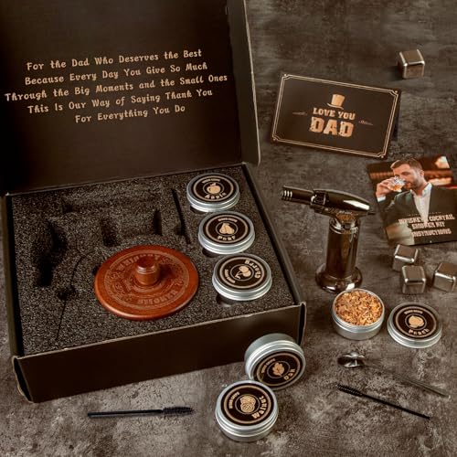 Whiskey Smoker Kit with Torch- 6 Wood Chip Flavors, 4 stainless steel ice cubes - Cocktail Smoker Infuser Kit for Bourbon & Old Fashioned, Birthday Whiskey Gifts for Men, Dad(No Butane, No Glass)