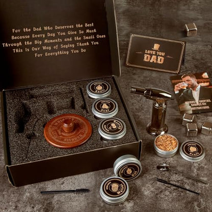 Whiskey Smoker Kit with Torch- 6 Wood Chip Flavors, 4 stainless steel ice cubes - Cocktail Smoker Infuser Kit for Bourbon & Old Fashioned, Birthday Whiskey Gifts for Men, Dad(No Butane, No Glass)